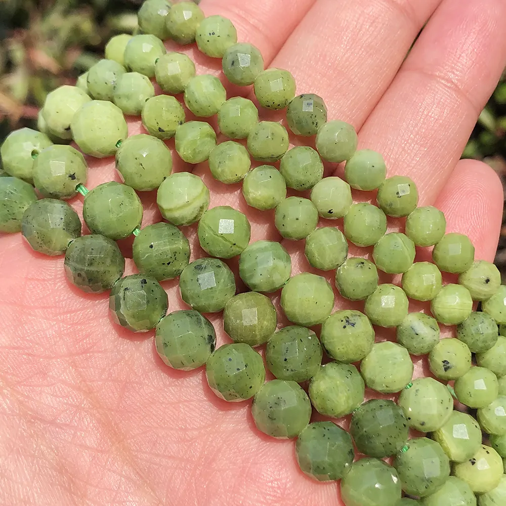 도매 6/8mm 면 처리 된 천연 녹색 캐나다 Jades 돌 느슨한 구슬 DIY 보석 액세서리 7.5"