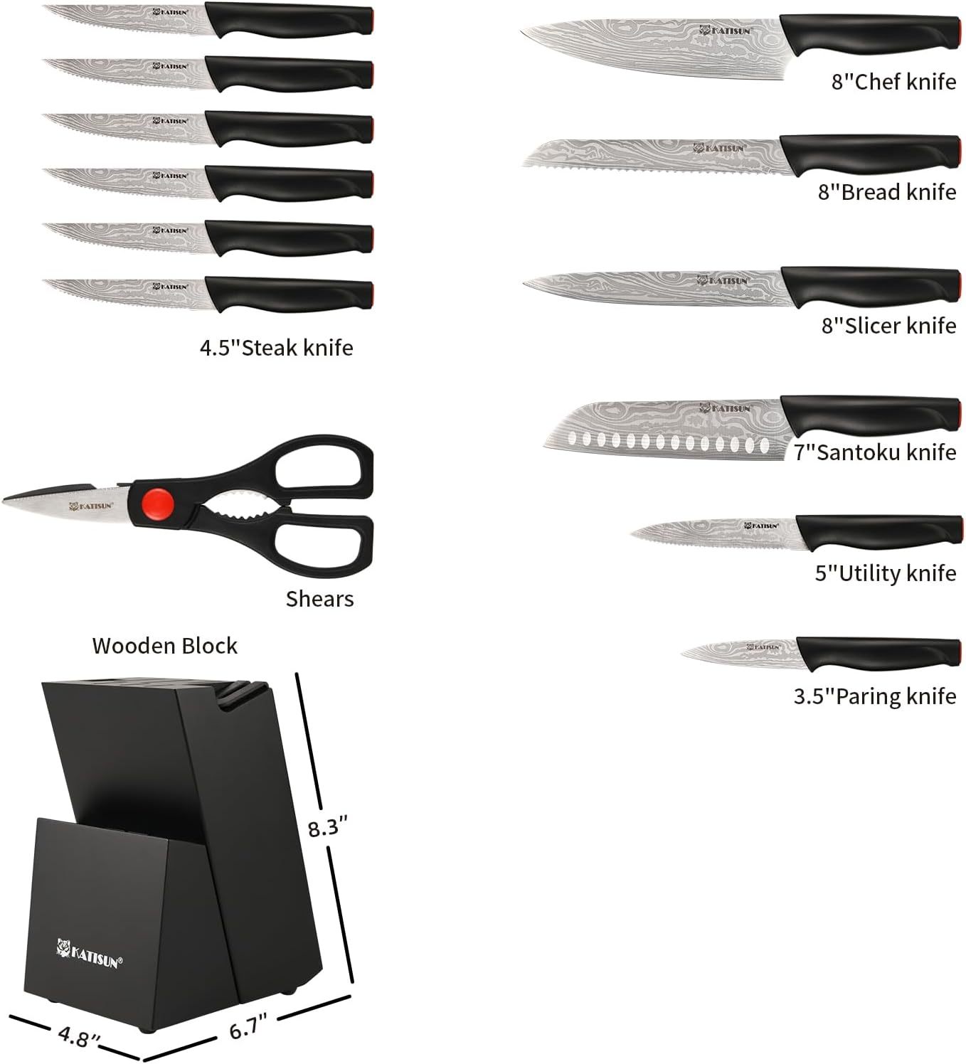 # 15-Piece Damascus Pattern Kitchen Knife Set – High Carbon Chef Knives with Ergonomic Anti-Slip Handles & Sharpener - View 2