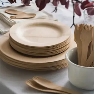 Recyclable Different Size Shape Custom Matched Cutlery Bamboo Wooden Tableware Plate Set for Cake Food