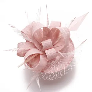 Charm Pink DIY Flax Handmade Wedding Bride Headdress Cocktail Tea Party Headwear Clip Feather Hair Fascinator Hat For Lady
