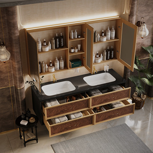 Meuble-lavabo double vasque flottant sur mesure <span class=keywords><strong>en</strong></span> bois <span class=keywords><strong>de</strong></span> palissandre doré <span class=keywords><strong>de</strong></span> luxe français avec dessus <span class=keywords><strong>en</strong></span> marbre noir et armoire miroir LED intelligente - Product Image 2
