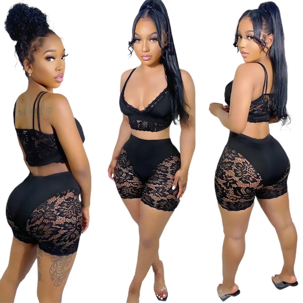 2022 summer black halter hollow out woman lady Sexy night club party lace see through bikini shorts suit two piece set