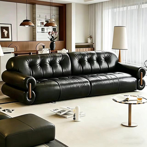Premium Black Tufted Leather 3-Seater <b>Sofa</b> Roll Arm Button Tufted Couch For Luxury Living Room - Product Image 6