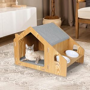 Casa para mascotas de madera con diseño sólido personalizado con comedero elevado, muebles para gatos de interior y alfombrilla suave para gatos y perros pequeños - Product Image 1