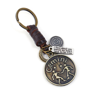 Porte-clés vintage 12 signes <span class=keywords><strong>du</strong></span> zodiaque, pendentif constellation en bronze avec anneau en cuir tressé pour hommes et femmes - Product Image 5