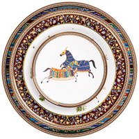 Piring Makan Bone China Mewah dengan Pinggiran Emas, Pola Kuda Geometris Berwarna-warni, Peralatan Makan Restoran Artistik Vintage