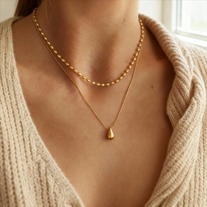 PVD 18k 금도금 스테인리스 스틸 목걸이, 눈물방울 펜던트, 고급 디자인, 레이어드 더블 비즈 체인 - Product Image 1