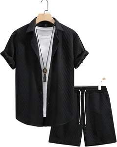 Erkek 2 parça Polo GÖMLEK ve kısa kollu kıyafetler Waffle örgü düğme aşağı gömlek üst ve şortlar Set - Product Image 4