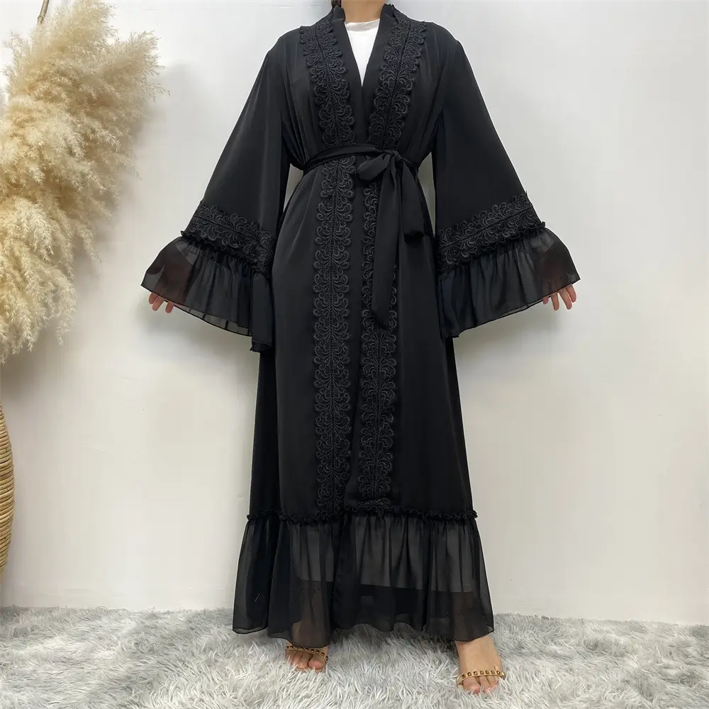 Terbaru Dubai warna hitam gaun Maxi gaun Muslim wanita bordir bunga tepi kardigan terbuka depan gaun Abaya dengan tali