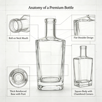 Bouteille à liqueur carrée en verre 500 ml avec logo personnalisé, bouchon en liège, base lourde, gaufrée, vide, pour spiritueux, OEM ODM