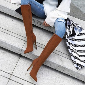 Bottes hautes en daim pour femme, taille EU 47, hiver, talon fin, bout pointu, bottes longues pour robe, bottes mi-mollet - Product Image 6