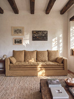 Canapé une place en tissu coton-lin, style nordique, inspiration française, touche Wabi-sabi, confort nuageux, garnissage en duvet d'oie