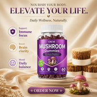 VitaHall OEM Gummies aux champignons 10 mélanges de champignons Crinière de lion Faible teneur en sucre Stimulant cérébral Soutien immunitaire Soulagement du stress et de l'humeur 60 unités