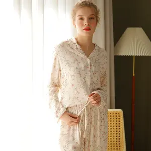 Spring Viscose Pajamas Long Sleeve Viscose Sleepwear Willow Leaf Print Lounge Wear Two Piece Pijama Set Pijama Mujer