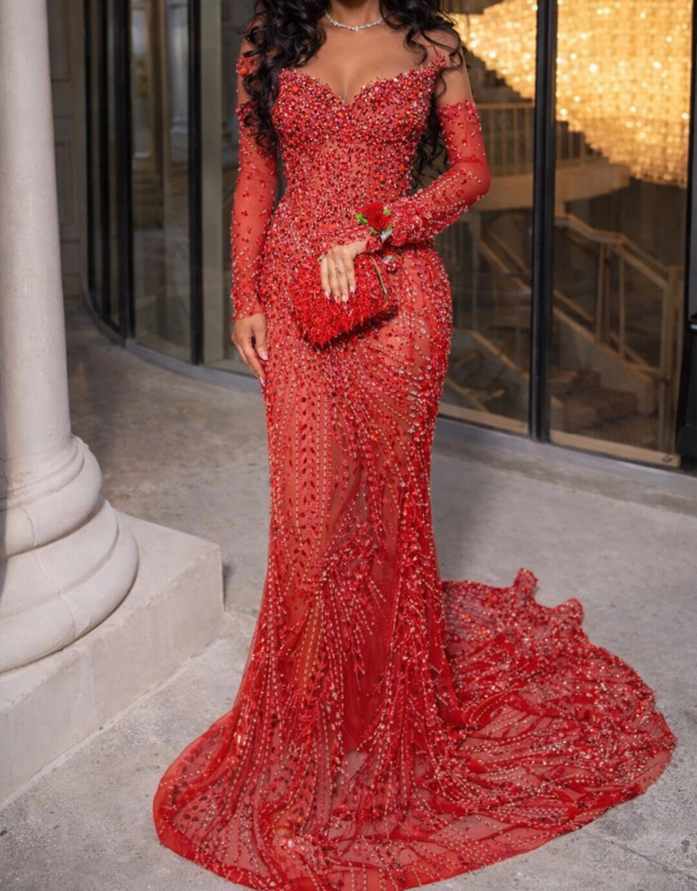 knee length dresses for ladies LTP0187,High Neck Sheer Long Sleeves Mermaid Prom Dresses with Feather –  Laylatailor Shop main image 1