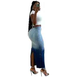 2024 nuove idee di prodotto Sexy gonna lunga a vita alta in Denim con spacco e nappe alla moda donna gonna Jeans da donna