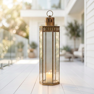 Manufacturers Brass Antique <b>Tall</b> Narrow Toughen Glass Candle <b>Lanterns</b> for Home & Patio Decoration - Product Image 1