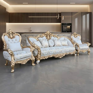 Luxury Convertible Traditional Teak Wood Antique <b>Gold</b> 5 Seater <b>Sofa</b> Set Royal Carved Detailing Premium Upholstery Living Room - Product Image 5