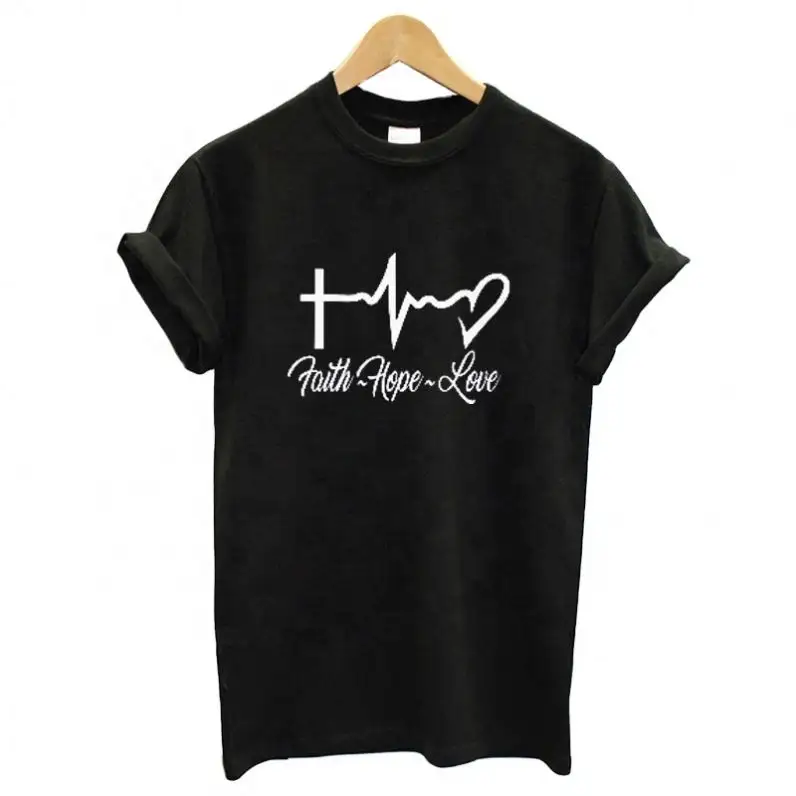 Camiseta de algodón de buena calidad para mujer, remera de fe, Hope, amor, latido del corazón, cuello redondo