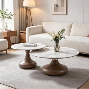 Ensemble de tables basses gigognes élégantes marron à base de bulbe, plateau en marbre, style luxe léger, pour salon et hôtel, table d'appoint et de centre - Product Image 1