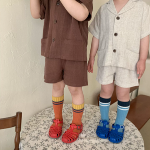 Ensemble de vêtements d'été pour enfants, garçons, chemises en <span class=keywords><strong>lin</strong></span> <span class=keywords><strong>beige</strong></span> marron uni, shorts, garçons, filles, décontracté, enfants, ensembles 2 pièces - Product Image 2