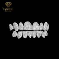 Meilleures ventes Grillz personnalisés en argent sterling 925 et moissanite pour dents, ensemble complet 8 dents supérieures et 8 dents inférieures, style Hip Hop, passe le test du diamant