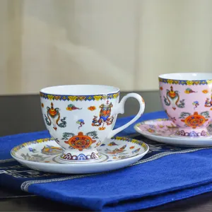 Tasses à <span class=keywords><strong>café</strong></span> et soucoupes en céramique tibétaine aux huit motifs de bon augure, porcelaine, 5 couleurs, tasses à thé, plat pour le <span class=keywords><strong>Tibet</strong></span> - Product Image 1