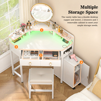 Bureau d'angle triangulaire moderne réglable avec miroir éclairé, station de charge et 2 tiroirs pour petit espace, chambre, salle à manger, coiffeuse