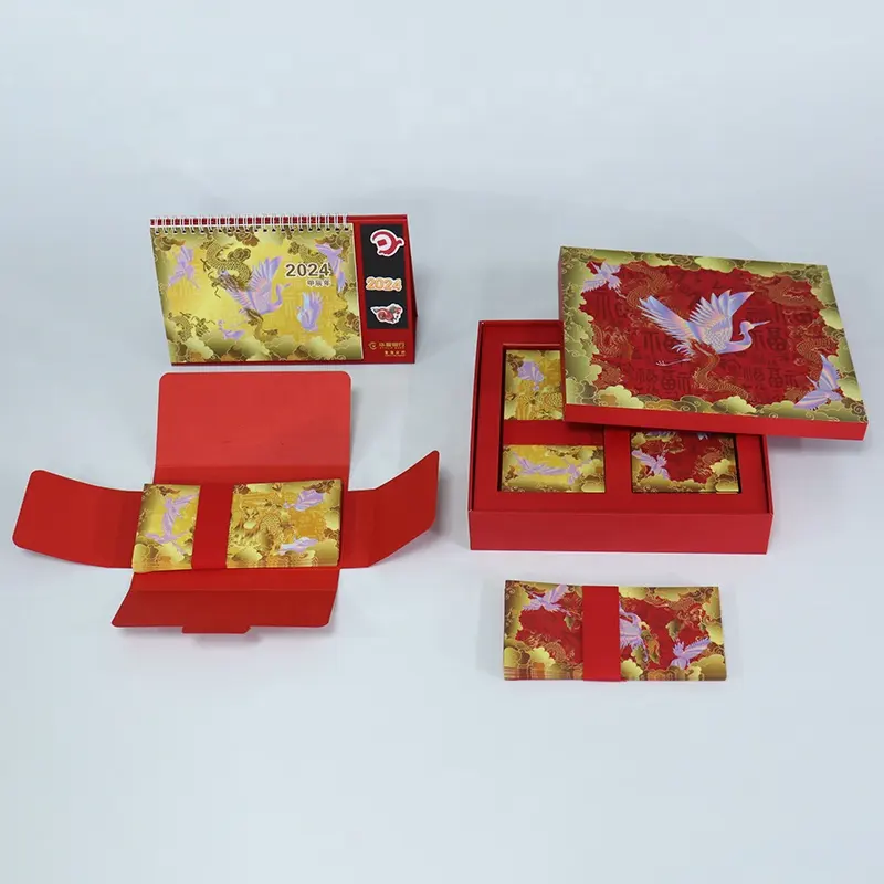 Proveedor personalizado lujo 2024 Feliz Año Nuevo regalo caja de papel conjunto CNY rojo sobre escritorio calendario tapa y caja de regalo inferior conjunto