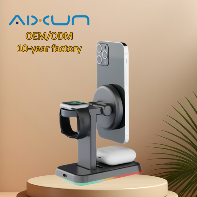 Trend 2026 Products 3-in-1 Wireless Charging Station Holder with Rgb Light for Earphones Mobile Phones Smart Watches