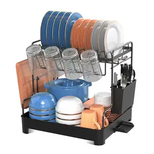 2024 New Detachable Dish Rack 2 Tier Metal Dish Drying Rack Auto-darinage Dish Drainer Rack With Drainboard And Utensil Holder