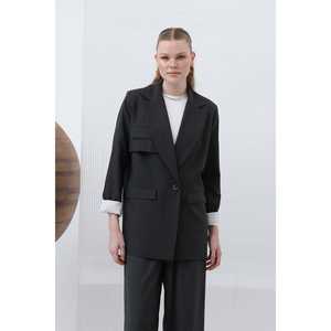 เสื้อเบลเซอร์ผู้หญิง สีดำ สีเอครู ผ้าวอร์สเตด กันยับ ดีไซน์มีกระเป๋า แต่งแถบลาย แขนยาว - Product Image 6