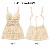 Robe de plage bohème pour femme, tricotée au crochet, sans manches, à fines bretelles, ajourée, à volants et à franges