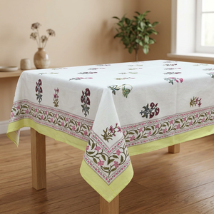 Nappe de table rectangulaire en coton imprimé de luxe classique haut de gamme, faite à la main, écologique, lavable, pour usage domestique, blanche avec motif rose et vert - Product Image 3