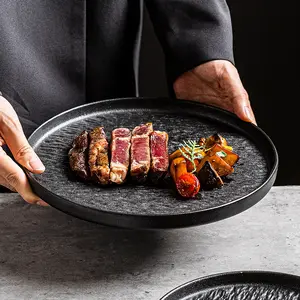 Food Safe Grade Hotel Printed Melamine Black Plate Texture Design Plastic Steak Dishes Plate