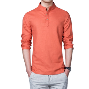 Chemises Henley décontractées pour hommes, coupe ajustée, avec poches, col montant, manches longues, boutonnées, en coton/fibre de bambou tissé, imprimées, anti-plis - Product Image 1