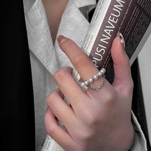 Yinruitai 925 Sterling Silver Pearl Chain <b>Open</b> <b>Ring</b> Women Adjustable Everyday Wear Vintage Style - Product Image 2