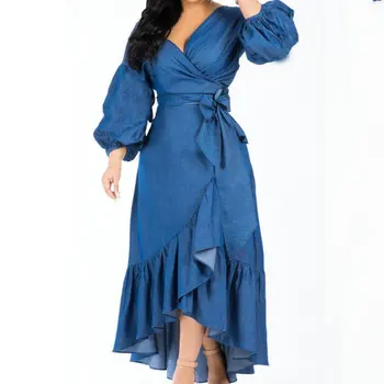 New Style Women Ruffles Design Ladies Dress Women Long Denim Dress Lady Jean Dresses