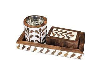 Caja Mubkhar con incrustaciones de hueso de madera especial con juego de bandejas Quemador Bakhoor Madkhan con bandeja para servir - Product Image 2