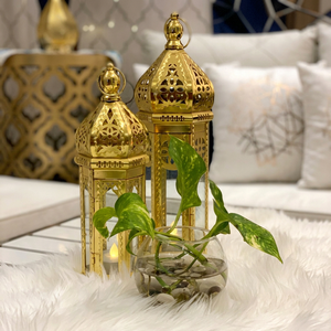 Golden Moroccan Style Brass <b>Lantern</b> <b>Set</b> of 2 with Cutout Design for Home Decoration - Product Image 1