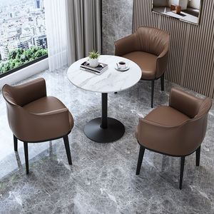 <b>Dining</b> Chairs Upholstered Brown Leather Round <b>Table</b> <b>Set</b> For Home Hotel Meeting Use - Product Image 1