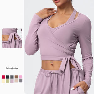 2 Piece <b>Yoga</b> <b>Set</b> V Neck Long Sleeve Self-Tie Wrap Crop Top High Waist Drawstring Shorts Solid Color Breathable Spandex Polyester - Product Image 1
