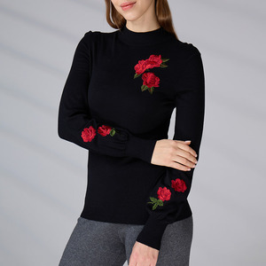 Custom Black Long Sleeved <b>Jumper</b> Winter <b>Pullover</b> Knitwear Crew Neck Knitted Top Women Embroidered Floral Sweater for Women - Product Image 4