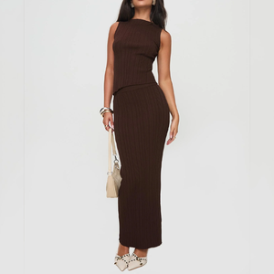 Completo Due Pezzi da <span class=keywords><strong>Donna</strong></span> in Maglia a Coste Marrone, Top Corto Asimmetrico Senza Maniche e Gonna Lunga, <span class=keywords><strong>Outfit</strong></span> Elegante Casual da Ufficio - Product Image 2