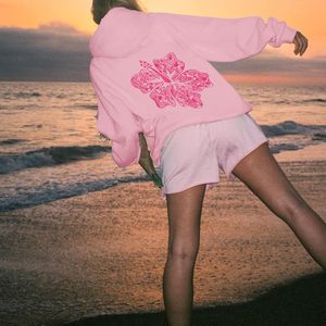 Sweat-shirt à capuche rose à fleurs pour femme, motif hibiscus hawaïen, en tissu tricoté respirant 320 g/m² - Product Image 5