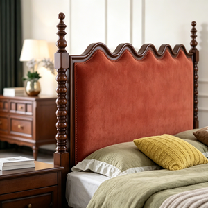 New Arrival Wavy Scalloped Upholstered Four Poster Solid Wood Bed with Matching Dresser & Nightstands - Product Image 3