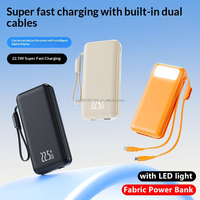 Batterie externe premium 20000 mAh 22,5 W à charge rapide avec 2 câbles intégrés, écran LED, sortie USB-C/PD, chargeur portable léger en tissu