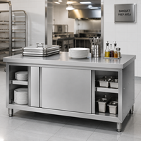 Table de préparation pour cuisine commerciale avec armoire de rangement, portes coulissantes, étagères latérales à 2 niveaux, porte-assiettes empilable, service de banquet