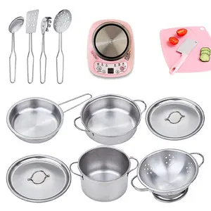 Stainless Steel Kids Kitchen Toys Set With Plastic Basket Miniature