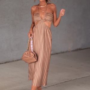 Vestido Midi Plisado de Satén en Oferta, Vestido Casual con Cuello Halter y Espalda Descubierta con Lazos para Mujer - Product Image 1